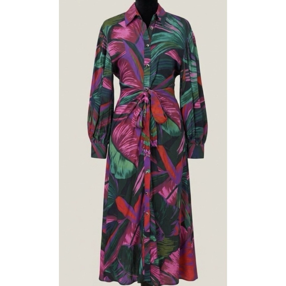 FARM RIO Midnight Leaves Tie Front Midi Dress S Tropical Resort Boho Colorful